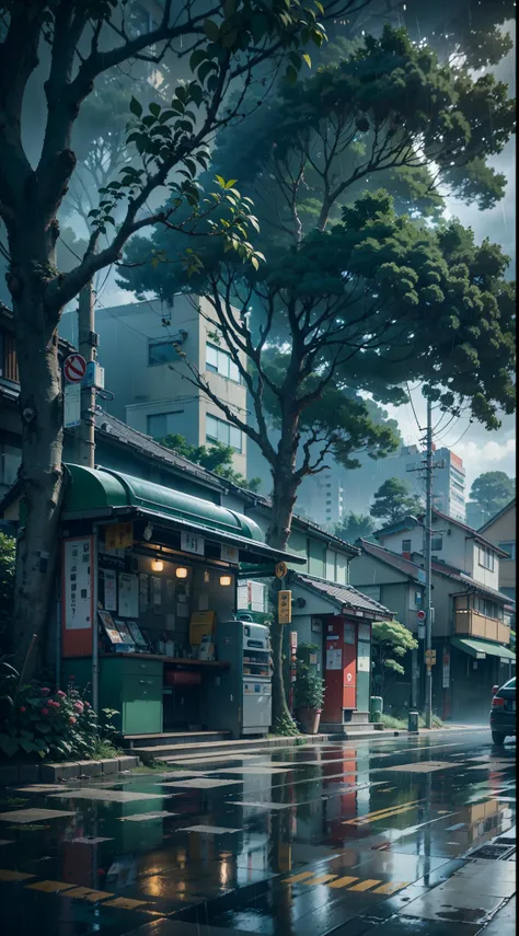 raining, gloomy weather. Japanese bus stop, surrounded by trees and vegetation on one side of the street and modern japanese buildings on the other side. Best quality. No one in sight. Anime. Anime style. lofi. dramatic weather. wide view, wide angle. Next...