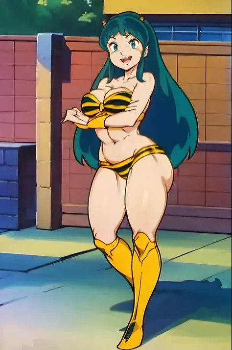 lum, , standing,, boots, oni, smile,, full body, sentai, bikini, horns, curvy, big breast, open mouth teeth