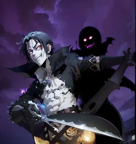 One piece manga, gecko moria, halloween theme, bats flying, vampire, dark theme, darkness vibe, terror, scissors, beautiful boy, gothic boy, vanitas, extreme long hair boy, vampire, pale skin, evil smile