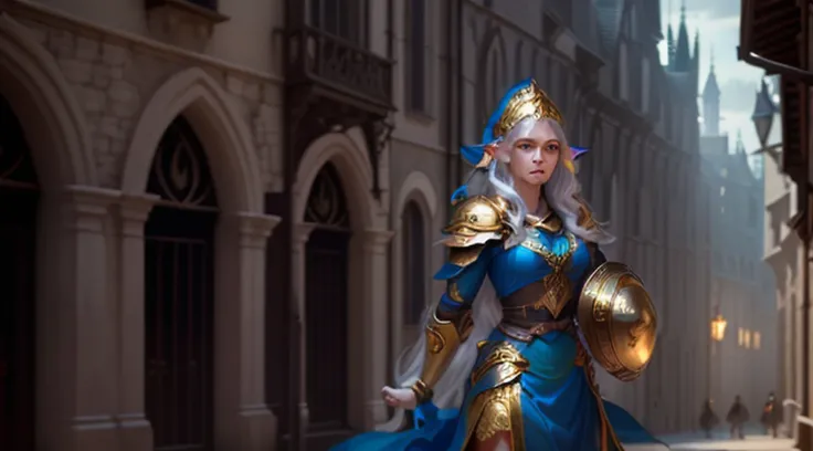 A tall and beautiful elf woman, with blue pupils, contempt in her eyes, a cold expression, a haughty posture, chest up, golden light armor all over her body, looking up camera, strolling through medieval streets.