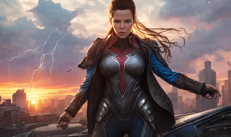 Kate Beckinsale in blue Spider-Man costume, photo of sassy woman with angry look, large breasts, superhero pose, standing in ruined city at sunset, hyper-detailed, (8k), realistic, symmetrical, award-winning, cinematic lightning, soaked, film, 75mm, scratc...