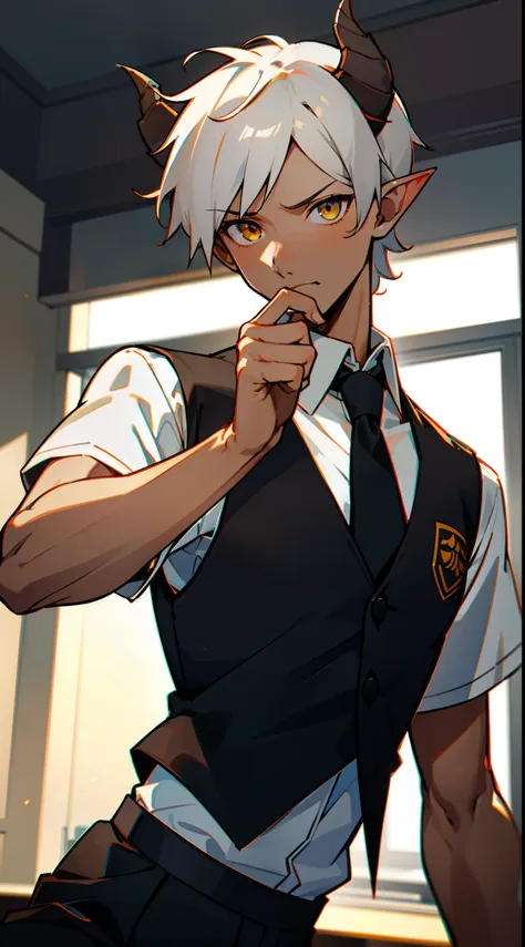 1boy,solo,serious,(brown skin),(medium body,male face),white student shirt,short sleeve,black tie,black vest,black pants,Short hair,white hair,yellow eyes,elves ears,black horns,classroom