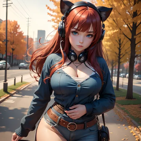 8k, masterpiece, best quality, realistic, higly detailed, cowboy shot, 1girl, solo, miku, emotionless looking girl, medium-length red hair, strands of hair hanging over the right side of her face, a set of wireless headphones that have a triangle-shaped lo...