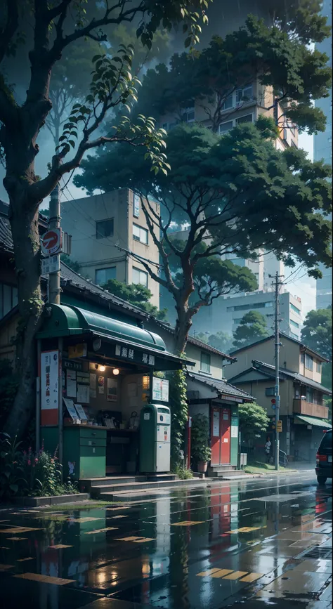 raining, gloomy weather. Japanese bus stop, surrounded by trees and vegetation on one side of the street and modern japanese buildings on the other side. Best quality. No one in sight. Anime. Anime style. lofi. dramatic weather. wide view, wide angle. Next...