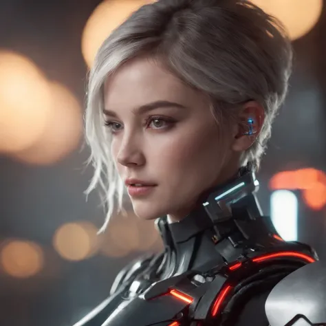 This is a CG Unity 8k wallpaper，With ultra-detailed detail, High resolution and high quality in cyberpunk style, Mainly black and red. In the picture, A beautyful girl，white short messy hair, A delicate face, Wearing a steam mech mask, Standing on the ruin...