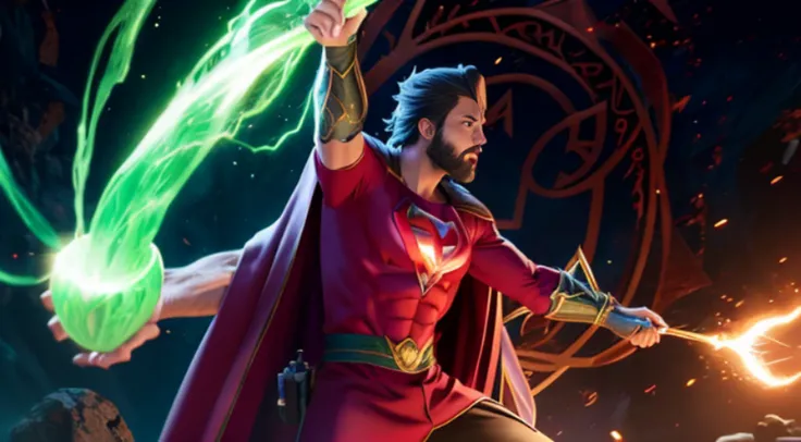 vivid magical mystical background.action-packed scene of a superhero who has the (((Poderoso anel brilhante))) do Lanterna Verde e a magia do furioso Doutor Estranho ((usando barba)) capa vermelha. The superhero must be in a mystical pose, conjuring a powe...