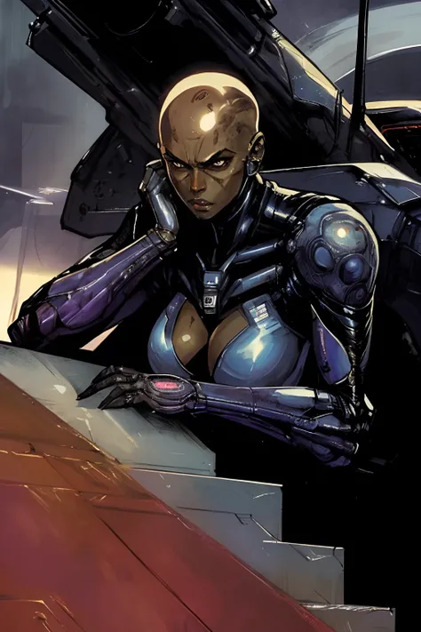 bald black woman, prosthetic cybernetic arms, advanced cyberpunk full arms cybernetic, elegant dress, serious expression, (1female), action shot, tense background, (masterpiece), (methurlant), comic, y2k gritty artstyle, intricate detail, smooth, (futurist...