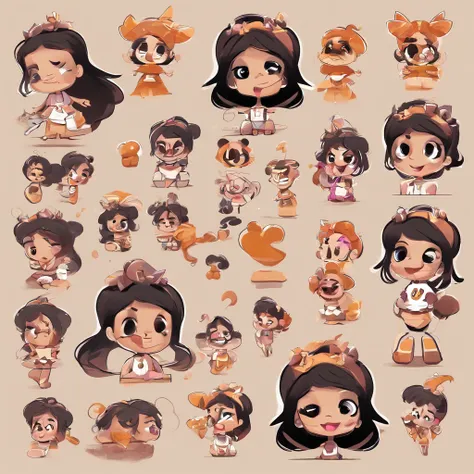 cute girl, emoji pack, 9 emoticons, emoji sheet, multiple poses and expressions, anthropomorphic style, Disney style, black strokes, different emotions,multiple poss and expressions, 8k --niji 5