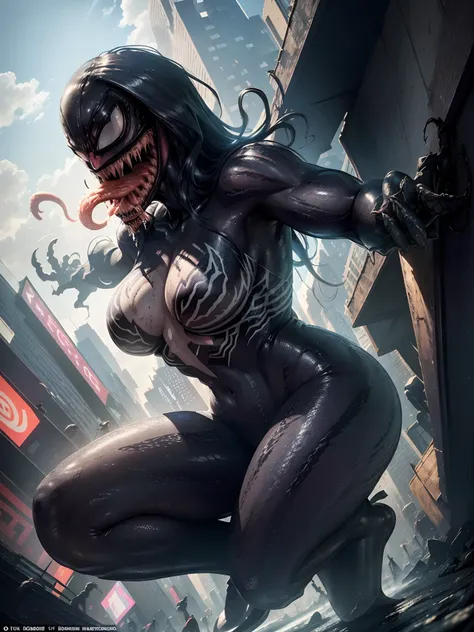 in New York City, (New York: 1.5), (time square: 1.4), Venom female character 25 years old, Black Body: When the symbiote fuses with a host, it usually covers the hosts body entirely, creating a black and shiny appearance.
White Eyes: Venom has large, whit...