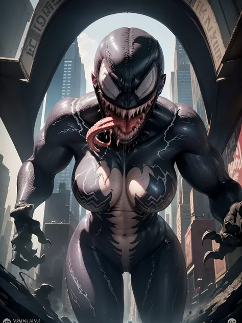 in New York City, (New York: 1.5), (time square: 1.4), Venom female character 25 years old, Black Body: When the symbiote fuses with a host, it usually covers the hosts body entirely, creating a black and shiny appearance.
White Eyes: Venom has large, whit...