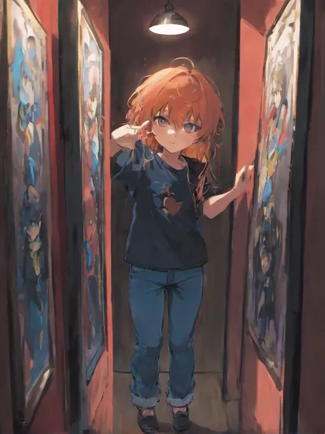 A boy with long hair dressed in a black T-shirt and dark blue jeans. The boy looks at the mirror where he sees himself in the opposite sex in the reflection. The mirror hangs on a red wall