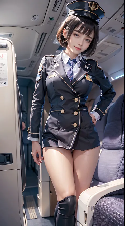 (NSFW), 1womanl, Solo, 24 year old, 7headed body, (cute  face), (Ideal ratio body proportions), ((Composition from head to thigh)), Inside a passenger aircraft, Stewardess uniform, Smiling smile, erectile nipple, Sexy body, Wet, short-hair, Dark hair, smal...