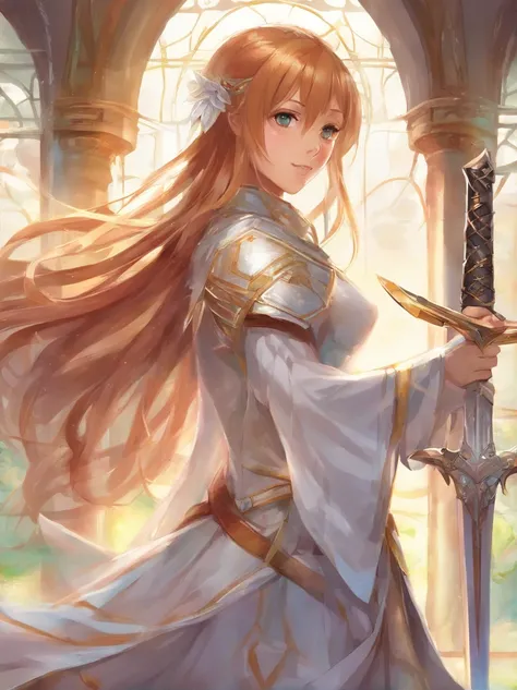 anime girl in white uniform holding a sword in a room, asuna yuuki, holding a sword on her shoulder, asuna from sao, she is holding a sword, photo of asuna from sao, posing with a sword, while holding a sword, practising her sword staces, holds a sword, ho...