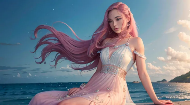 The little lady with long pink hair is on the scene in the world of the sea，It gives a sense of vitality and femininity。Her long hair was as soft as silk，Delicadamente coberta sobre os ombros，Dancing gently with the wind。Cada fio de cabelo exala um leve br...