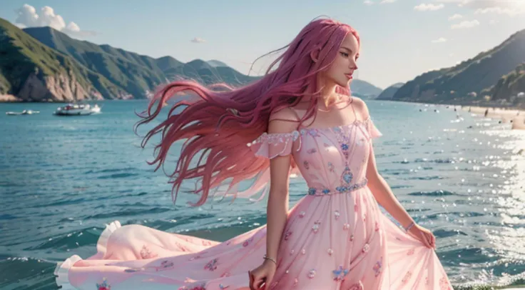 The little lady with long pink hair is on the scene in the world of the sea，It gives a sense of vitality and femininity。Her long hair was as soft as silk，Delicadamente coberta sobre os ombros，Dancing gently with the wind。Cada fio de cabelo exala um leve br...