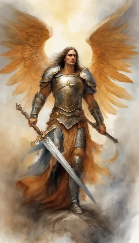 strong angel with heavenly armor, with shield sword, seven wings, ready for battle