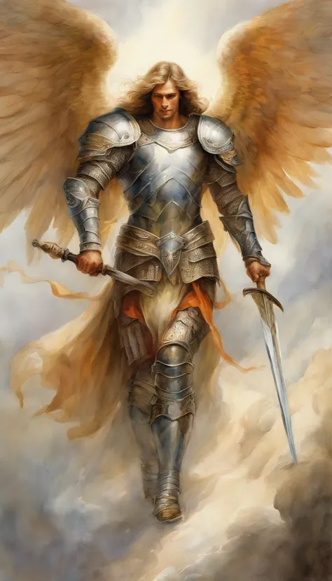 strong angel with heavenly armor, with shield sword, seven wings, ready for battle