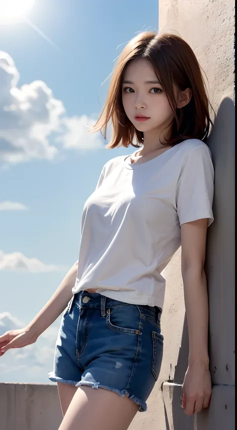 Beautiful schoolgirl、Medium Bob Hair、Light brown beautiful hair、White short-sleeved cut and sew、Denim shorts、ample breasts、Sheer nipples、glowing sun、blue-sky、​​clouds、Spring air、Photographed from below、low angles、