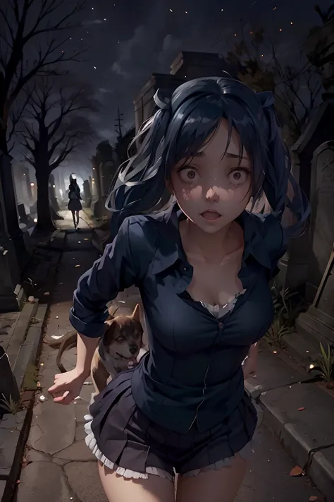 beautiful creepy young woman  yandere, running through a creepy cemetery with her pet. (dogs)