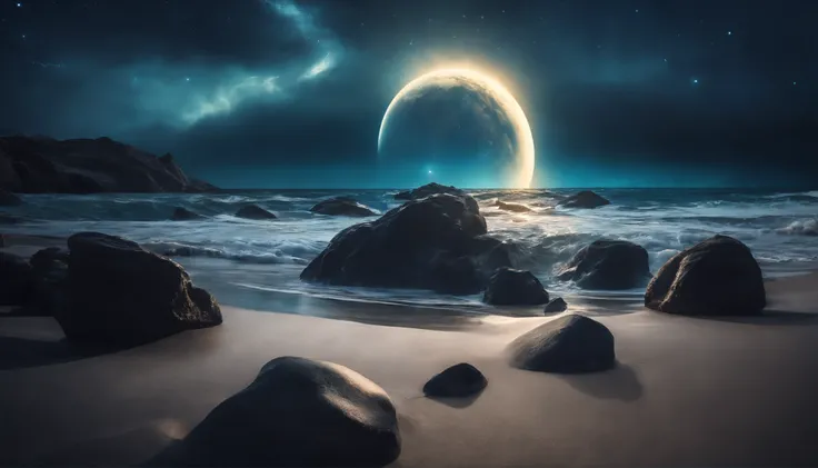 huge planet, the night, starrysky, surrealism, masutepiece, hight resolution、Impressive Milky Way:1.9、sand beach、Vast blue ocean、Blue Waves、Blue glacier、lightning bolt:1.9、Protoplanets、pure beauty