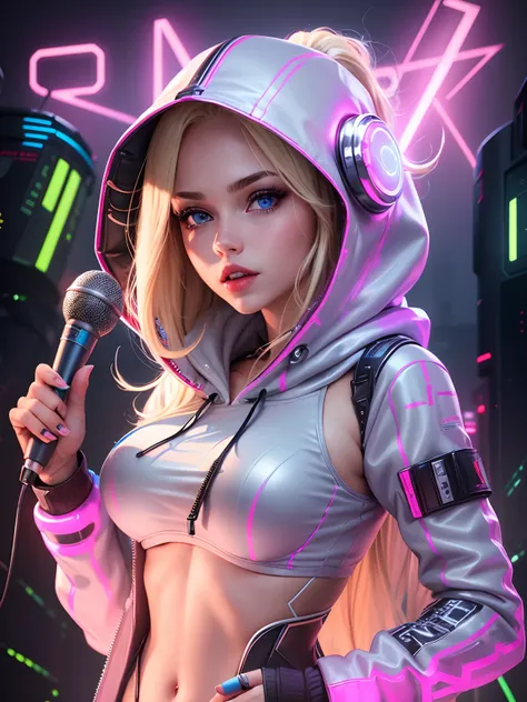 A girl with futuristic hoodie, blonde hair, bright blue eyes, red lips, big breast, metalical hoodie,holding microphone, LED light, cyberpunk, amazing, masterpiece, best quality, high resolution, 8k, ultra realistic