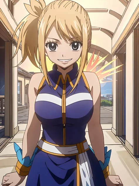 lucy heartfilia, standing, fairy tail guild, smiling, (1girl), ((masterpiece:1.4,best quality)), high detail, abundant, 8k