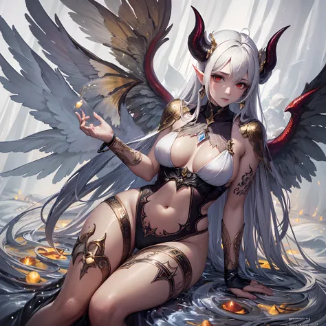 (Finest quality)),(超A high resolution),(ultra-detailliert),(Meticulous portrayal),((best pictures)),(Finest works of art),Ultra-Precision Art,The art of astounding depiction, Fantasyart:1.5, (One woman with angel and demon wings:1.8),((((Angel and Demon Fu...