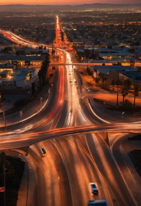 photo of a wide intersection in Los Angeles, very few cars and people, panoramic, golden hour