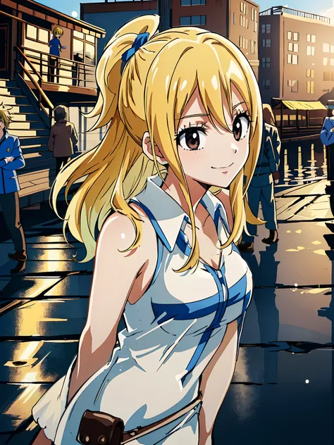 Lucy Heartfilia, standing, Fairy tail guild in the background,  smiling, (1girl), ((masterpiece:1.4,best quality)), (early morning:1.4), high detail, abundant, 8K