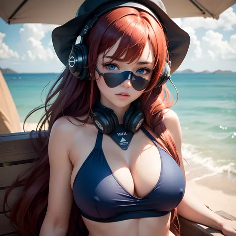 8k, masterpiece, best quality, realistic, higly detailed, cowboy shot, 1girl, solo, miku, emotionless looking girl, medium-length red hair, strands of hair hanging over the right side of her face, a set of wireless headphones that have a triangle-shaped lo...