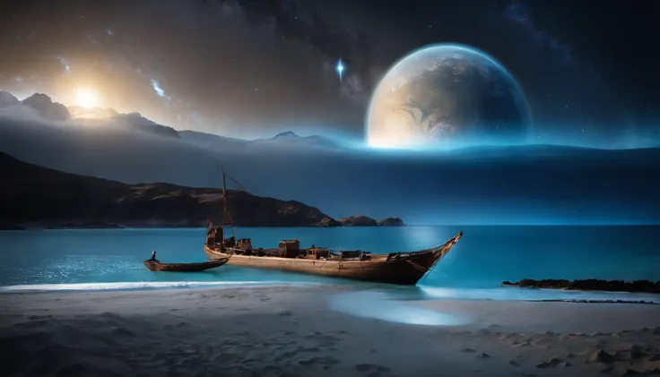 huge planet, the night, hight resolution、Impressive Milky Way:1.9、sand beach、Vast blue ocean、Blue Waves、Crystal clear ripples、Blue glacier、lightning bolt:1.9、Protoplanets、pure beauty、Sail ships