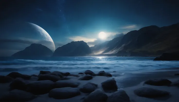 huge planet, the night, hight resolution、Impressive Milky Way:1.9、sand beach、Vast blue ocean、Blue Waves、Crystal clear ripples、Blue glacier、lightning bolt:1.9、Protoplanets、pure beauty、Sail ships