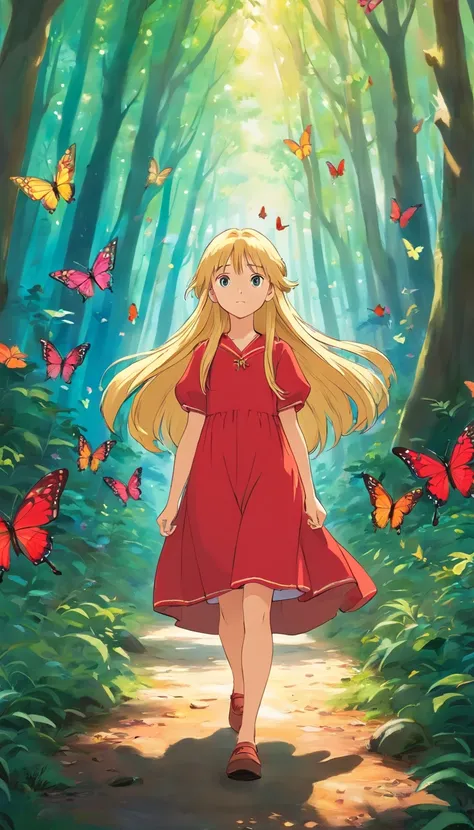 Little cute 12 years old belarus girl slavena petrova with red dress and long blonde hair walking in an enchanted forest, surrounded by multi colored butterflies