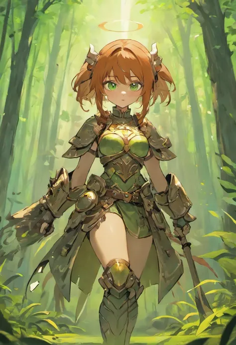 DnD female dwarf, heavy armored with exposed arms, no helmet, slightly curly long brown hair, cute nose, big green eyes, small scar on left cheek, holding a battle axe and tower shield, in a forest