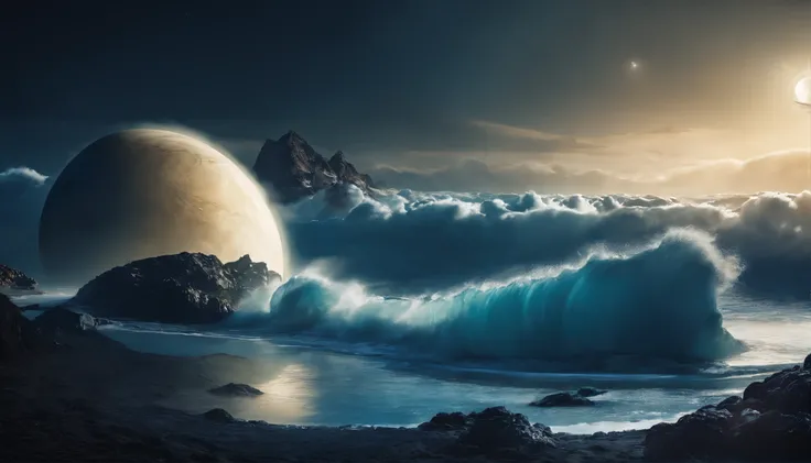 huge planet, the night, hight resolution、Impressive Milky Way:1.9、sand beach、Vast blue ocean、Blue Waves、Crystal clear ripples、Blue glacier、lightning bolt:1.9、Protoplanets、pure beauty、Sail ships