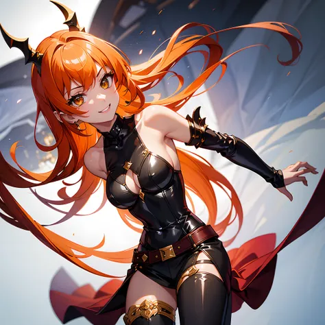 1 girl, solo, fancy belt, orange hair, emerald eyes, gorgeous black armour, dragon-themed armour, bodystocking, sideboob, crazy look, psychotic smile, looking at viewer