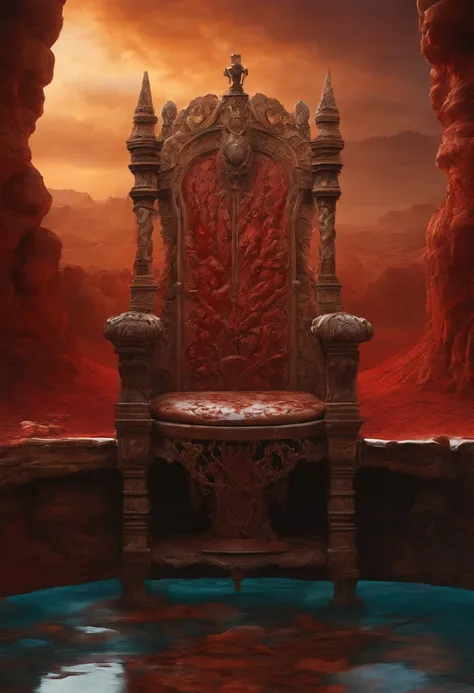 A throne made out of bones, mars landscape, pool of blood, art by Tim Jacobus, oil painting