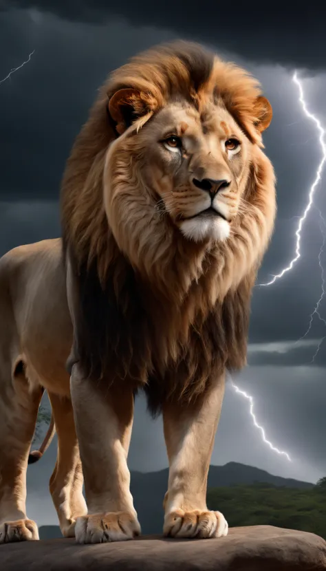 Painting of a lion with a lightning bolt in the background, Lion, lion warrior, Aslan the Lion, Rei da selva, with the mane of a lion, lion head, awesome art, half lion, paper awesome wallpaper, the mane of a lion, Arte digital alucinante, realistic illust...