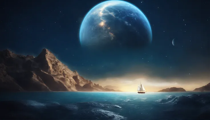 huge planet, the night, hight resolution、Impressive Milky Way:1.9、sand beach、Vast blue ocean、Blue Waves、Crystal clear ripples、Blue glacier、lightning bolt:1.9、Protoplanets、pure beauty、Sail ships