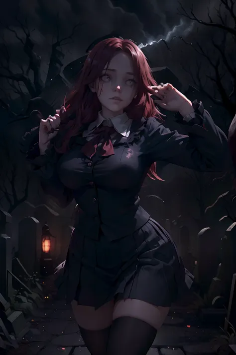 (best quality, highres:1.2),ultra-detailed, realistic, creepy young woman, detailed eyes and face, beautiful detailed lips, long eyelashes, (yandere schoolgirl), (British Style Japanese School uniform), running through a creepy cemetery with her pet (dogs)...