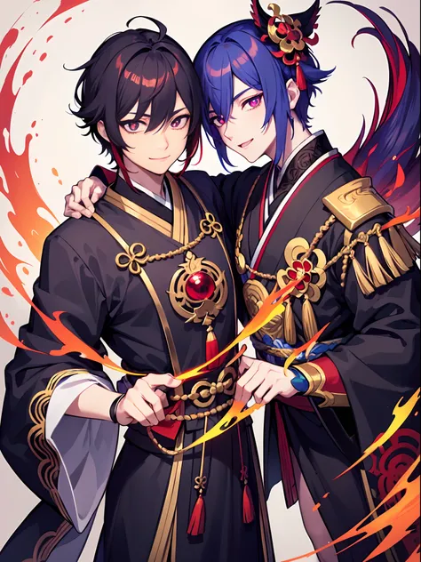 colorful, masterpiece, high quality, sharped, auto focus, looking at another, ((2male)),( gay male,yaoi male), handsome brothers,( hollow eyes), ruby shaped pupils, glowing eyes, evil smile, male face,male hair, hair over eyes,(Onmyojis Clothing), cinemati...