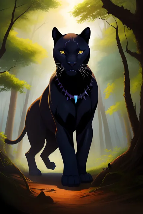 digital painting, a black panther silhouette in the middle of the forest, masterpiece, high quality, 4k, 8k, intricate detail, highly detailed