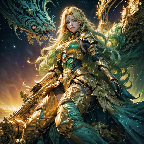 ((masterpiece, 8k, ultra, full shot body, quality, official art, beautiful and aesthetic:1.2), (1girl), (entire figure), golden armor, extreme detailed, (fractal art:1.3), cosmic elements, colorful, highest detailed, (green eyes, blonde hair)