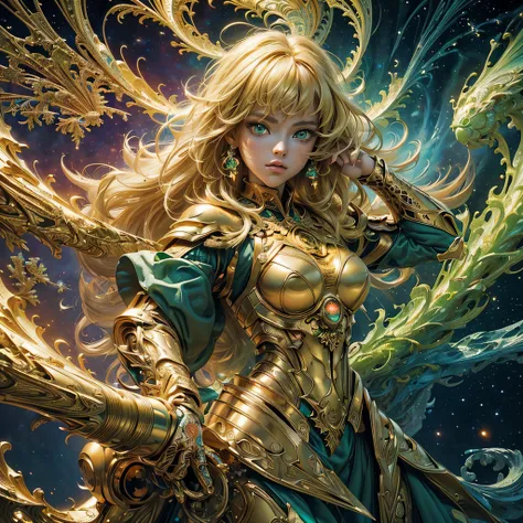 ((masterpiece, 8k, ultra, full shot body, quality, official art, beautiful and aesthetic:1.2), (1girl), (entire figure), golden armor, extreme detailed, (fractal art:1.3), cosmic elements, colorful, highest detailed, (green eyes, blonde hair)