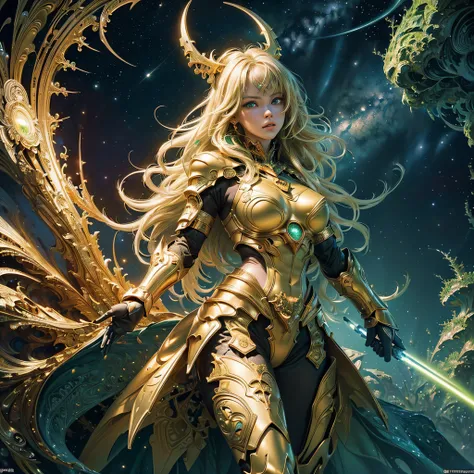 ((masterpiece, 8k, ultra, full shot body, quality, official art, beautiful and aesthetic:1.2), (1girl), (entire figure), golden armor, extreme detailed, (fractal art:1.3), cosmic elements, colorful, highest detailed, (green eyes, blonde hair)