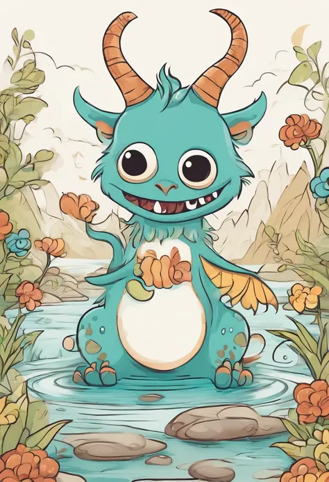 "(best quality,4k,8k,highres,masterpiece:1.2),cute monster illustration for children to color,fun and vibrant colors,playful and friendly monster,long sharp claws,large round eyes,curly horns and tail,fantastic and magical background,creative and imaginati...