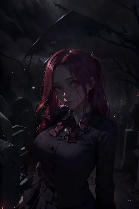 (best quality, highres:1.2),ultra-detailed, realistic, creepy young woman, detailed eyes and face, beautiful detailed lips, long eyelashes, (yandere schoolgirl), (British Style Japanese School uniform), running through a creepy cemetery with her pet (dogs)...