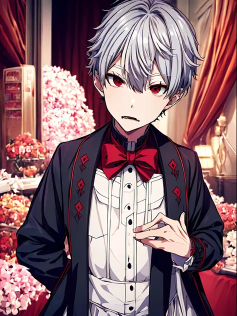 ((kuzuha))、((nijisanji kuzuha))、nijisanji、vampire photos、​masterpiece、4k works、short-haired man with gray hair、vampire man、((sol...