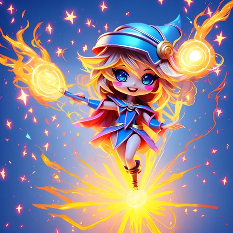 （（（Super obra maestra、highest qualityr、Ultra-detallado、1 niña dark magician girl、Chibi：1.5））、Create illustrations with infectious and energetic mini-magician characters, A radiant smile that carries the magic of positivity and energy. Charicatura, Adorned ...