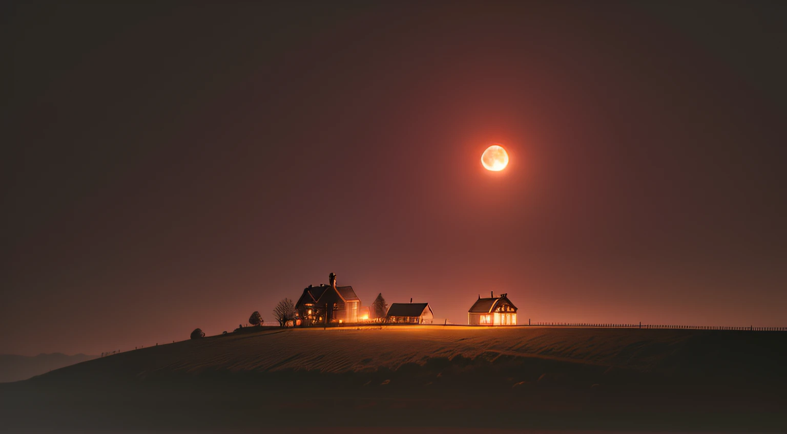 The full red moon hanging over the farm, dark trees swaying in the wind, the distant lighthouse of a village illuminating the darkness.